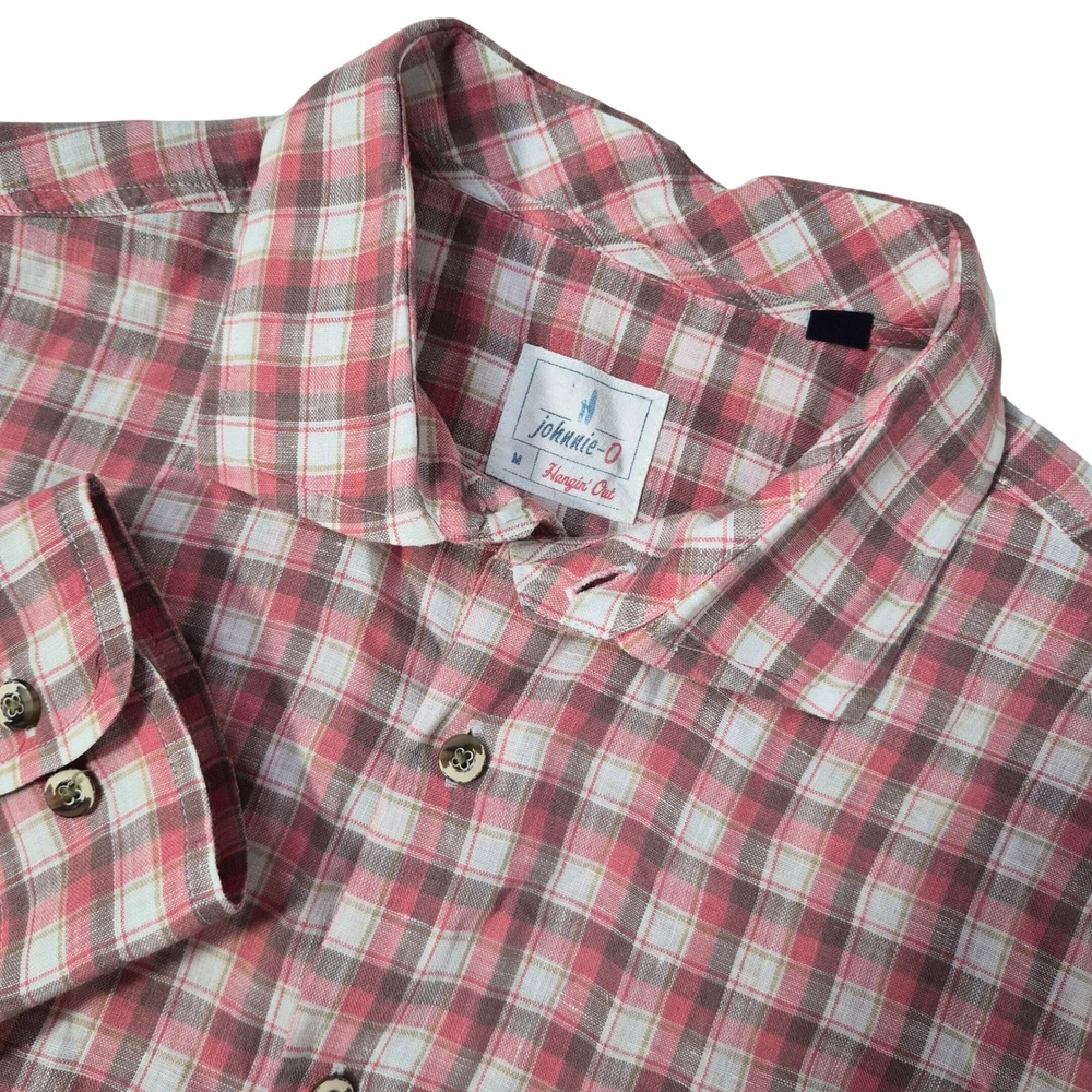 johnnie-O Hangin Out Shirt Mens Medium Pink Plaid 100% Linen Casual Button Up